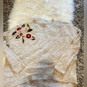 Beige Knit Sweater with Floral Embroidery